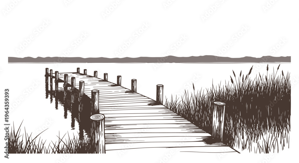 Naklejka premium Wooden Dock on Calm Waterway Shore.