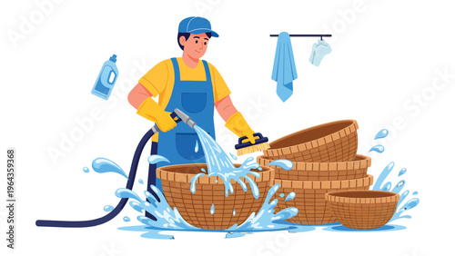 Cleansing Ritual: A worker meticulously cleans traditional woven baskets with a water hose, soap bottle, and brush, ensuring cleanliness and purity.