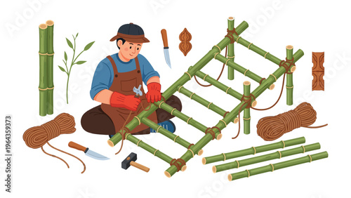 Bamboo Ladder Craft: A craftsman meticulously crafts a bamboo ladder, showcasing the artistry of traditional craftsmanship amidst the raw materials and tools of his trade. 