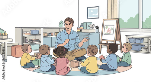 Teacher and children sitting in circle.