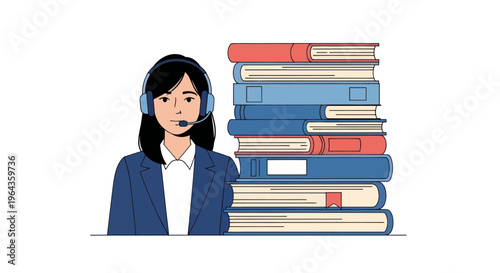 Woman wearing headphones sitting with books.