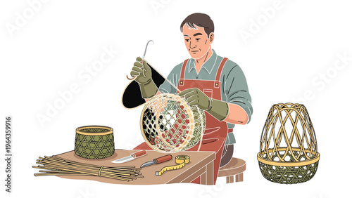 Εκτύπωση καμβά Artisan's Craft: An artisan meticulously weaves a traditional basket with focus and precision, displaying the age-old art of handmade craftsmanship