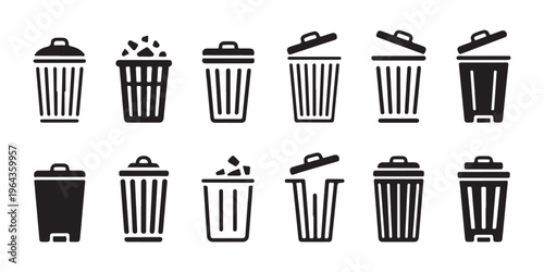 Black and white trash can icons set showcasing waste disposal recycling and collection for design elements.