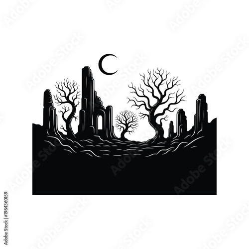 Black silhouette of dead trees landscape.