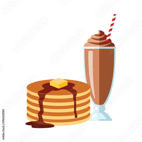Stack of Pancakes with Butter and Syrup next to Chocolate Shake with Straw
