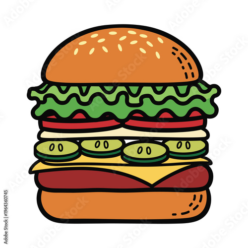 Stylized Fast Food Hamburger with Cheese, Lettuce, Tomato, and Pickles