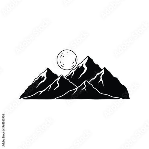 Black and white mountain landscape silhouette.