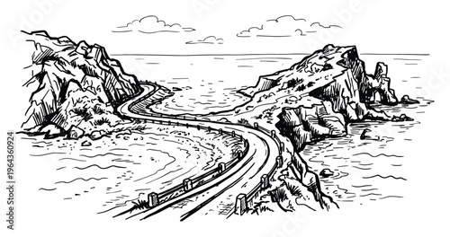 Coastal road winding through rocky cliffs with ocean and cloudscape line art drawing illustration