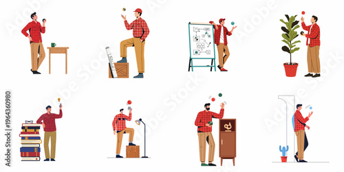 A collection of illustrations featuring a creative man juggling tasks, brainstorming ideas, and planning projects in various professional settings.