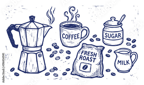 Coffee preparation illustration with coffee pot, cup, beans, sugar, milk, and fresh roast bag vector design