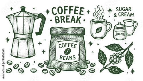 Coffee break sketch with pot, coffee beans bag, cup, sugar, cream, and branch with berries illustration