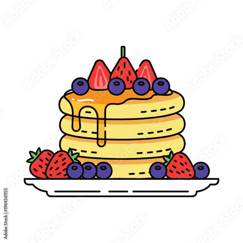 Stack of Pancakes with Strawberries, Blueberries, and Honey