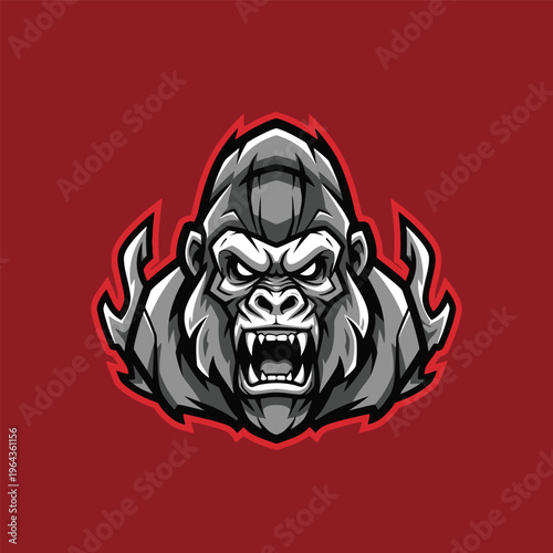 Gray gorilla head with open mouth.