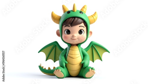 A cute cartoon-style child, dressed in a green dragon costume, sits smiling against a plain white backdrop