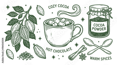 Cozy cocoa, hot chocolate with cocoa powder, spices, beans, chocolate chunks design element