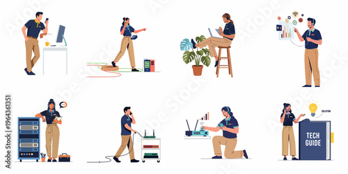 Set of flat illustrations featuring technical support specialists and IT technicians providing customer service, managing network infrastructure, and troubleshooting various hardware devices.