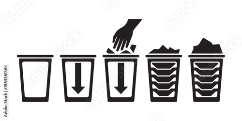 Illustration showing steps of putting garbage into trash can, from empty bin to full container.
