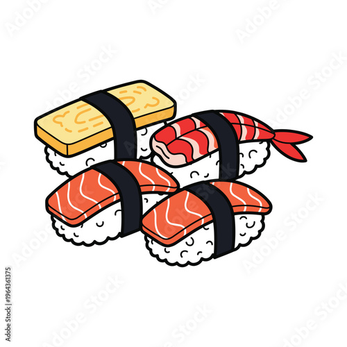 Cute Kawaii Sushi Illustration: Salmon, Shrimp, and Tamago Nigiri