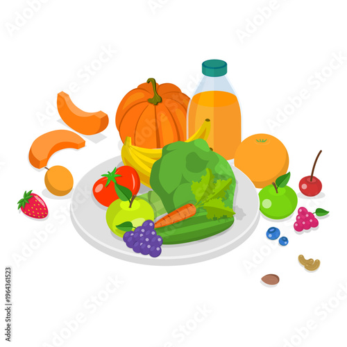 3D Isometric Flat Vector Set of Vegetarian Food Plates, Organic Grocery Products. Item 4