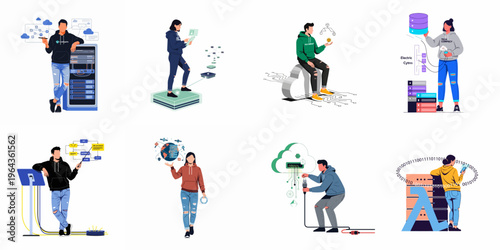 Collection of flat vector illustrations depicting IT professionals working with cloud computing, server racks, API gateways, and serverless technology in a modern style.