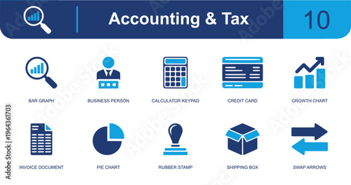 Accounting and tax icon set. Containing bar graph, business person, calculator, credit card, growth chart, invoice, pie chart, rubber stamp, shipping box and more. Solid fill vector icons.