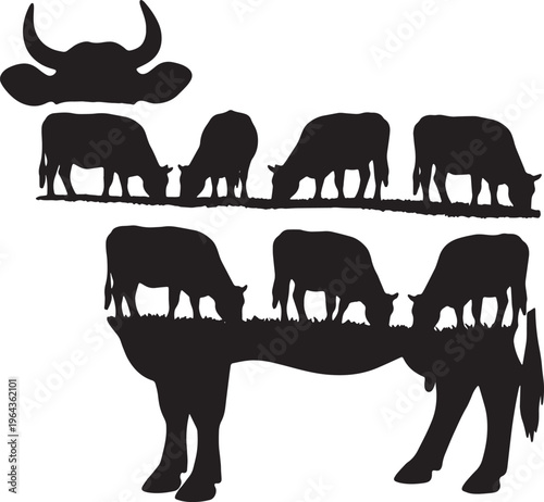Black Solid Autumn Cow Silhouettes Set of Six on White Background