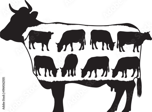 Black Solid Autumn Cow Silhouettes Set of Six on White Background