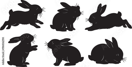 Black Solid Playful Baby Bunnies Set of Six on White Background