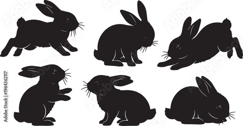 Black Solid Playful Baby Bunnies Set of Six on White Background