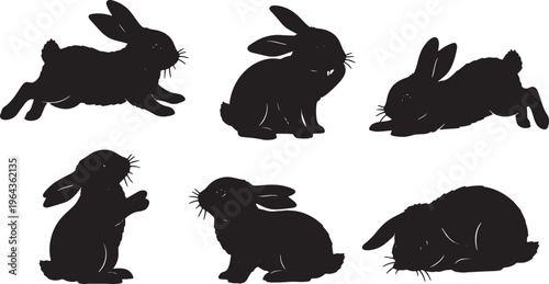 Black Solid Playful Baby Bunnies Set of Six on White Background