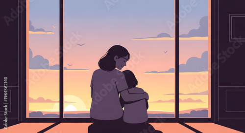 Quiet moment of a mother and child embracing, silhouetted against a tranquil window view of a stunning sunset, symbolizing deep connection and family bond