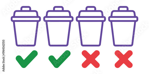 Purple outline trash can icons with green checkmarks and red cross signs representing correct waste disposal.
