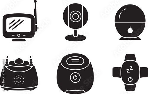 Black Solid Baby Monitor Silhouettes Set of Six on White Background