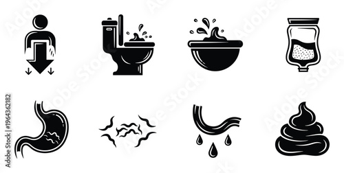 Diarrhea symptoms and treatments icons set vector, stomach, intestines, toilet, vomiting, dehydration, worms, and poop symbol