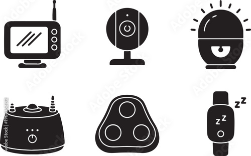 Black Solid Baby Monitor Silhouettes Set of Six on White Background