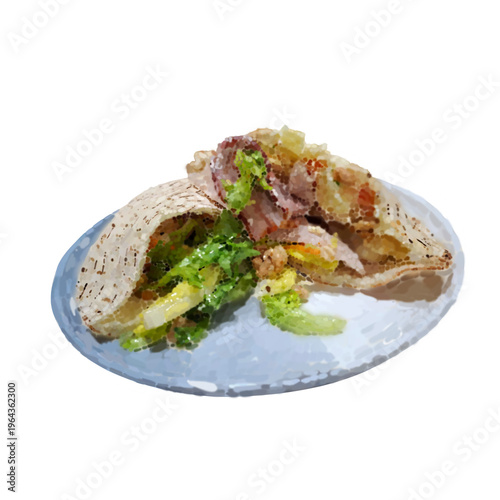 Hand-painted stuffed pocket pita bread sandwich with bacon, lettuce, chicken, and potato salad on a blue plate, isolated on transparent background.