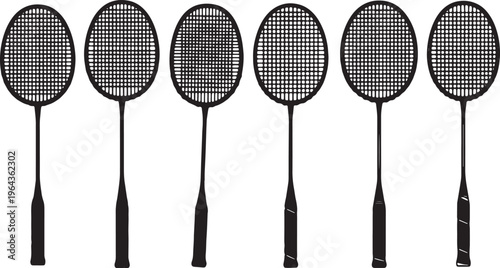 Black Solid Badminton Racket Types Silhouettes Set of Six on White Background
