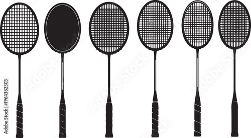 Black Solid Badminton Racket Types Silhouettes Set of Six on White Background