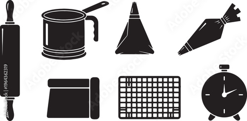Black Solid Baking Accessory Silhouettes Set of Six on White Background