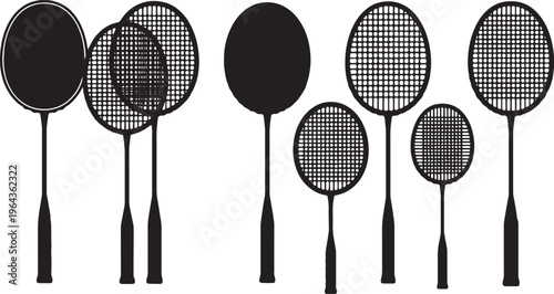 Black Solid Badminton Racket Types Silhouettes Set of Six on White Background