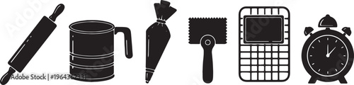 Black Solid Baking Accessory Silhouettes Set of Six on White Background