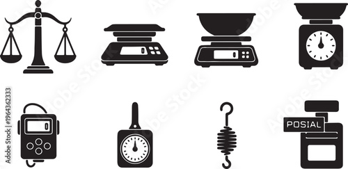 Black Solid Baking Dietary Kitchen Scales Silhouettes Set of Six on White Background