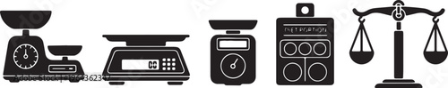 Black Solid Baking Dietary Kitchen Scales Silhouettes Set of Six on White Background