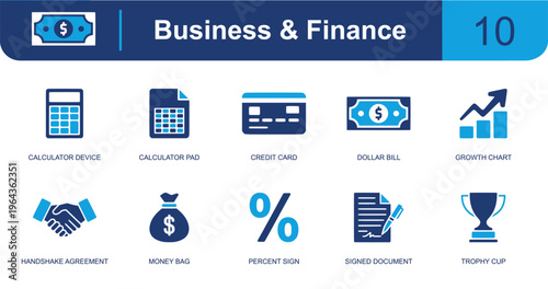 Business and finance icon set. Containing calculator, ledger, credit card, dollar bill, growth chart, handshake, money bag, percent sign, signed document and more. Solid fill vector icons.