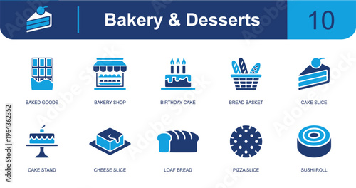 Bakery and desserts icon set containing baked goods, bakery shop, birthday cake, bread basket, cake slice, cake stand, loaf bread, pastry, dessert and more, solid fill vector icons.