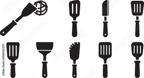 Black Solid Baking Spreading Spatulas Silhouettes Set of Six on White Background