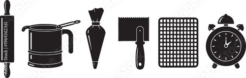 Black Solid Baking Accessory Silhouettes Set of Six on White Background