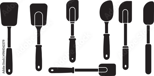 Black Solid Baking Spreading Spatulas Silhouettes Set of Six on White Background