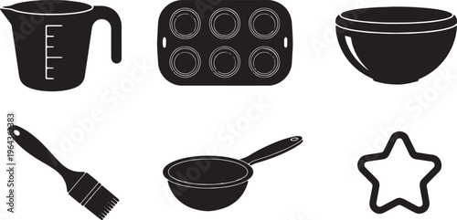 Black Solid Baking Tool Silhouettes Set of Six on White Background