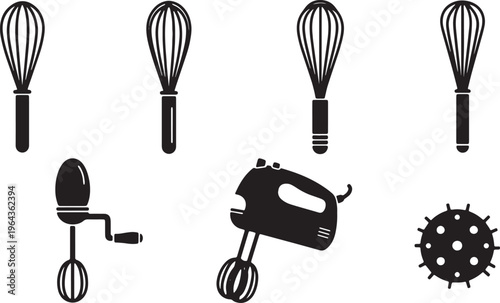 Black Solid Baking Whisks Silhouettes Set of Six on White Background